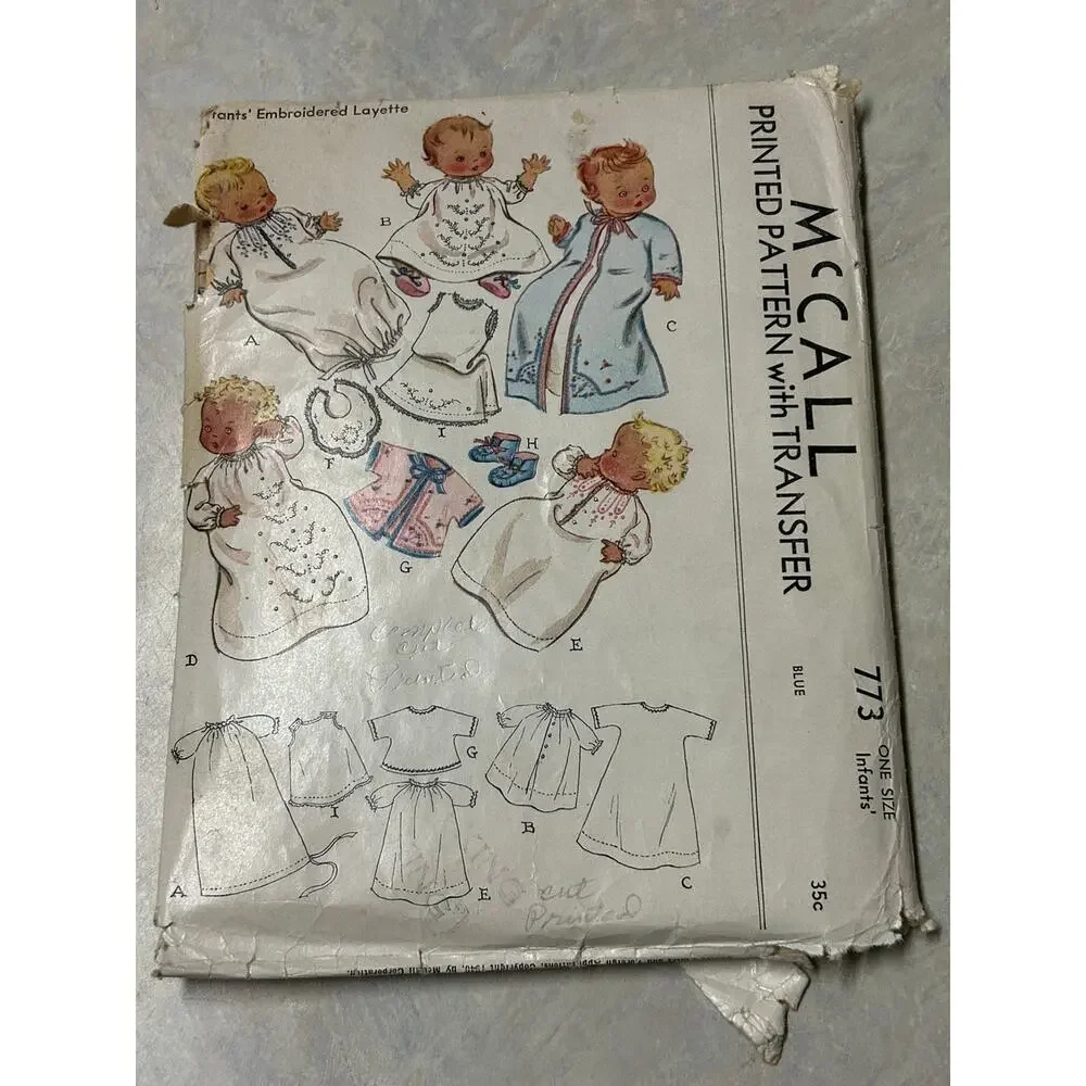Vintage 1940's McCall Pattern #773 Baby Embroidered Layette‎ One Size